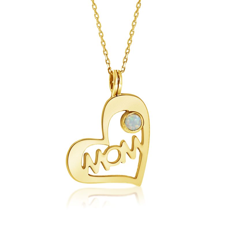 Yellow Gold Plated Heart MOM Shape Pendant inlaid with White Opal