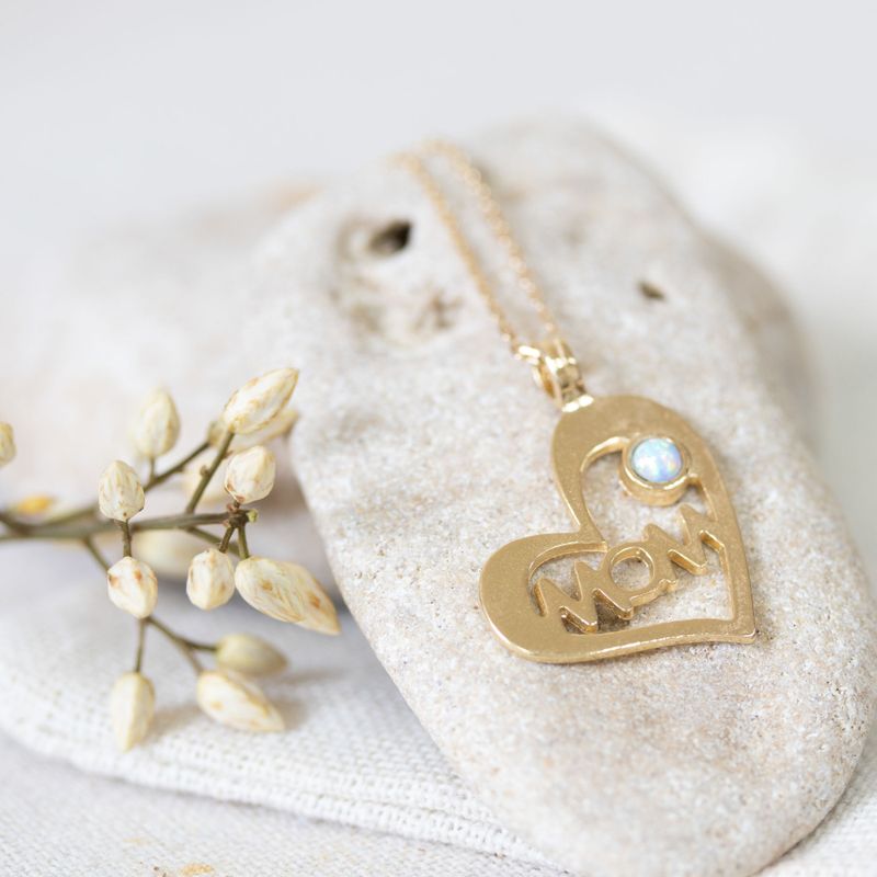 Yellow Gold Plated Heart MOM Shape Pendant inlaid with White Opal