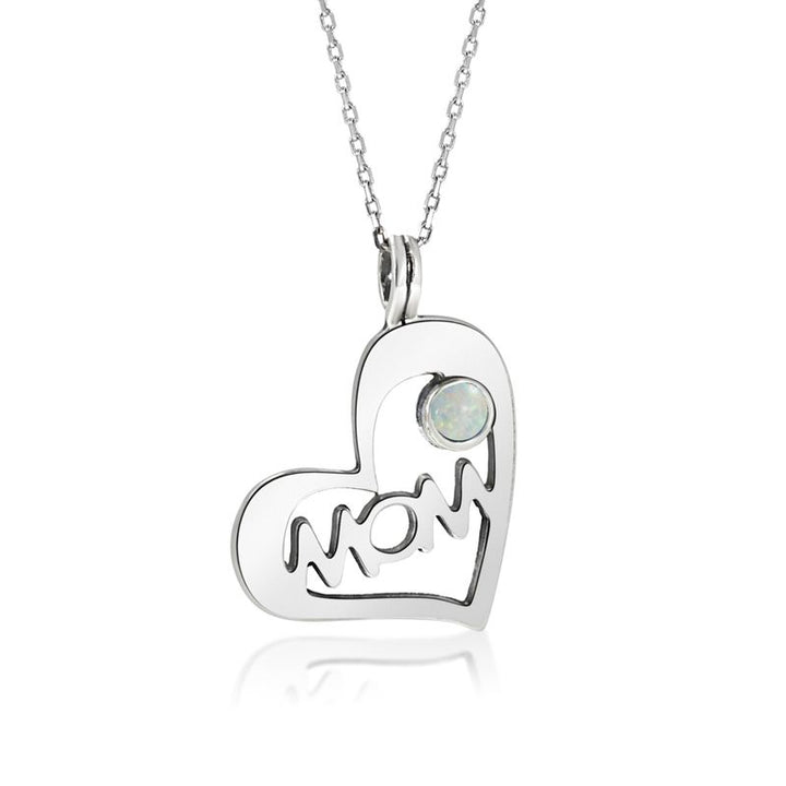925 Silver Heart MOM Shape Pendant inlaid with White Opal
