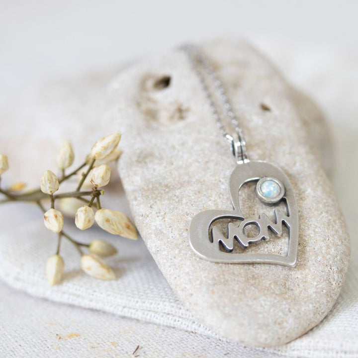 925 Silver Heart MOM Shape Pendant inlaid with White Opal