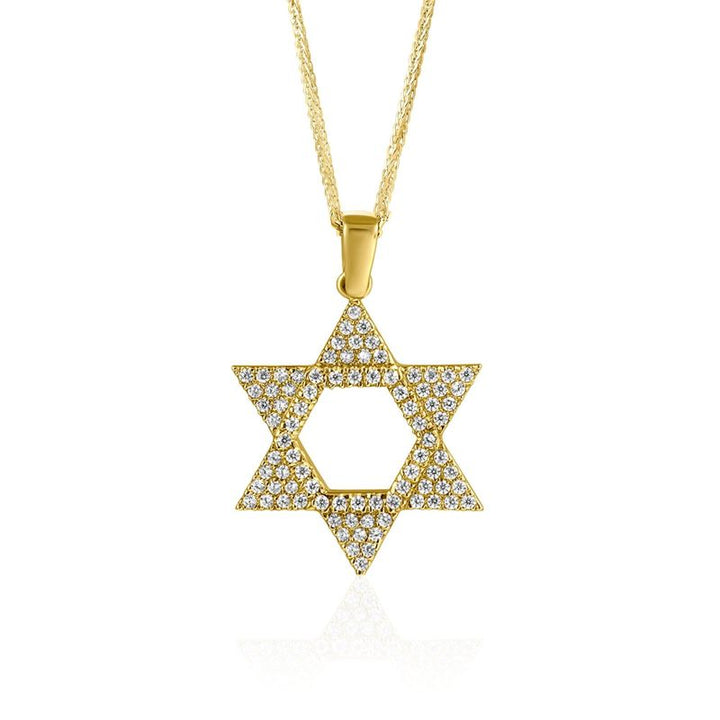 14K Gold Pendant Magen David Shape Inlaid With Cubic Zirconia