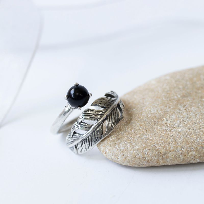 925 Sterling Silver Feather Adjustable Ring with Onyx gemstone