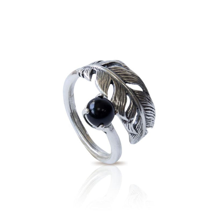 925 Sterling Silver Feather Adjustable Ring with Onyx gemstone