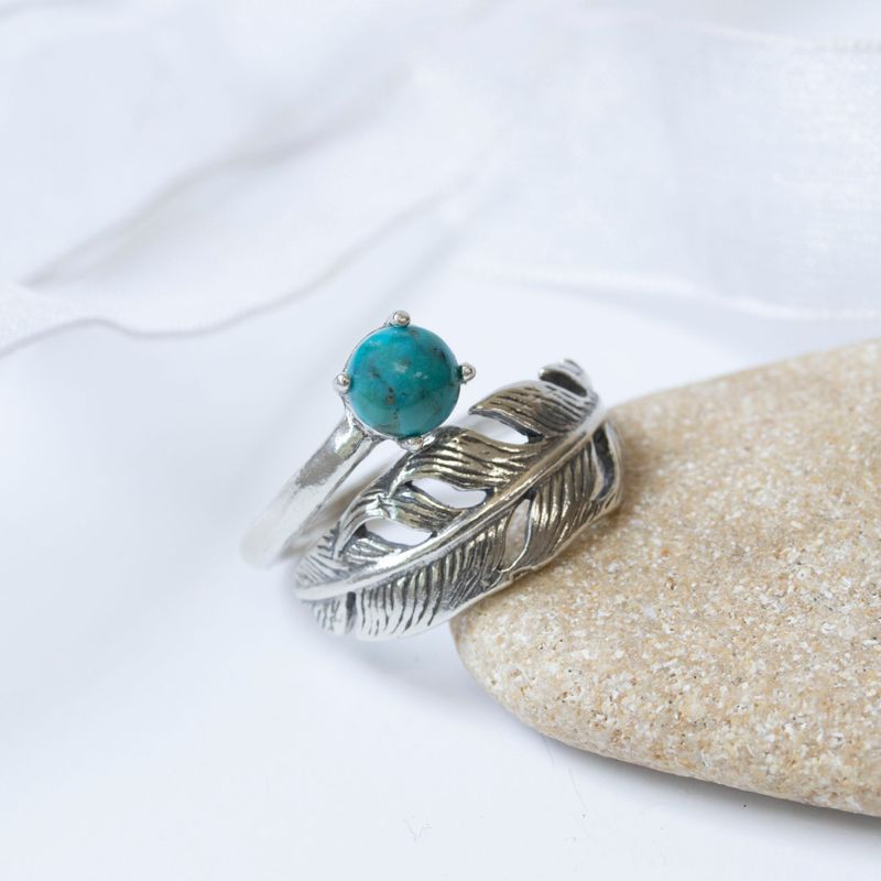 925 Sterling Silver Feather Adjustable Ring with Turquoise gemstone