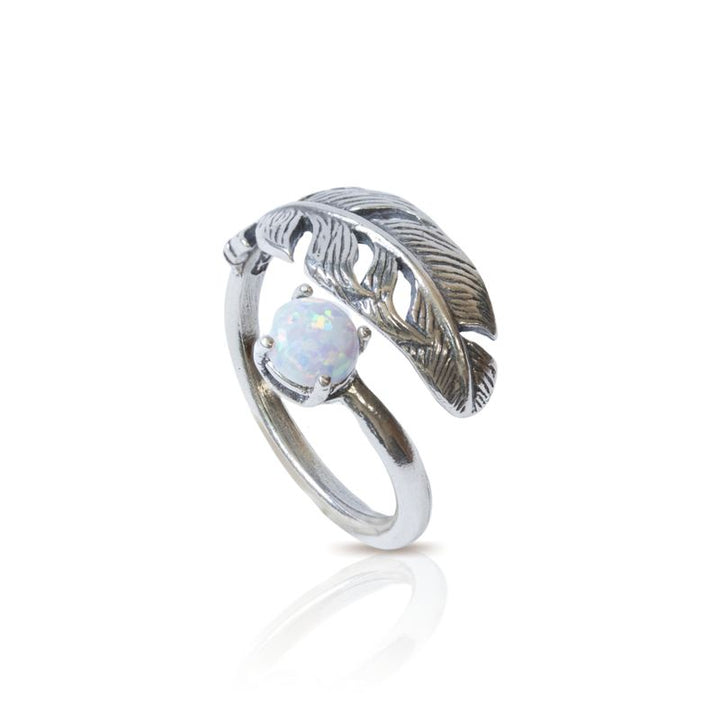 925 Sterling Silver Feather Adjustable Ring with White Opal  gemstone