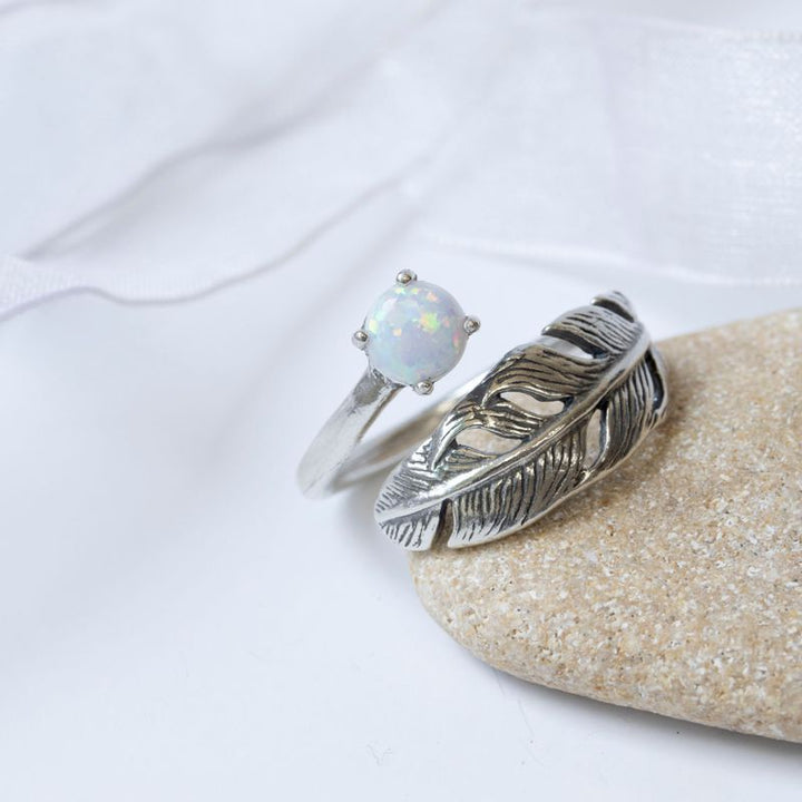 925 Sterling Silver Feather Adjustable Ring with White Opal  gemstone