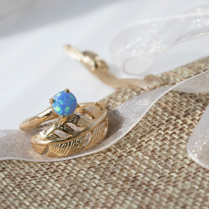 Yellow Gold Plated Feather Adjustable Ring with Blue Opal gemstone