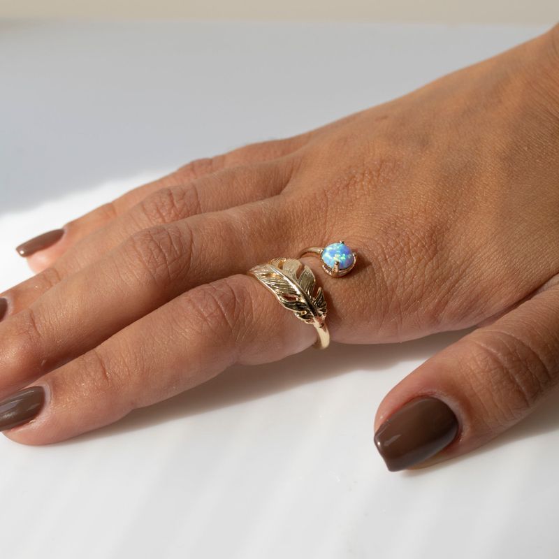 Yellow Gold Plated Feather Adjustable Ring with Blue Opal gemstone