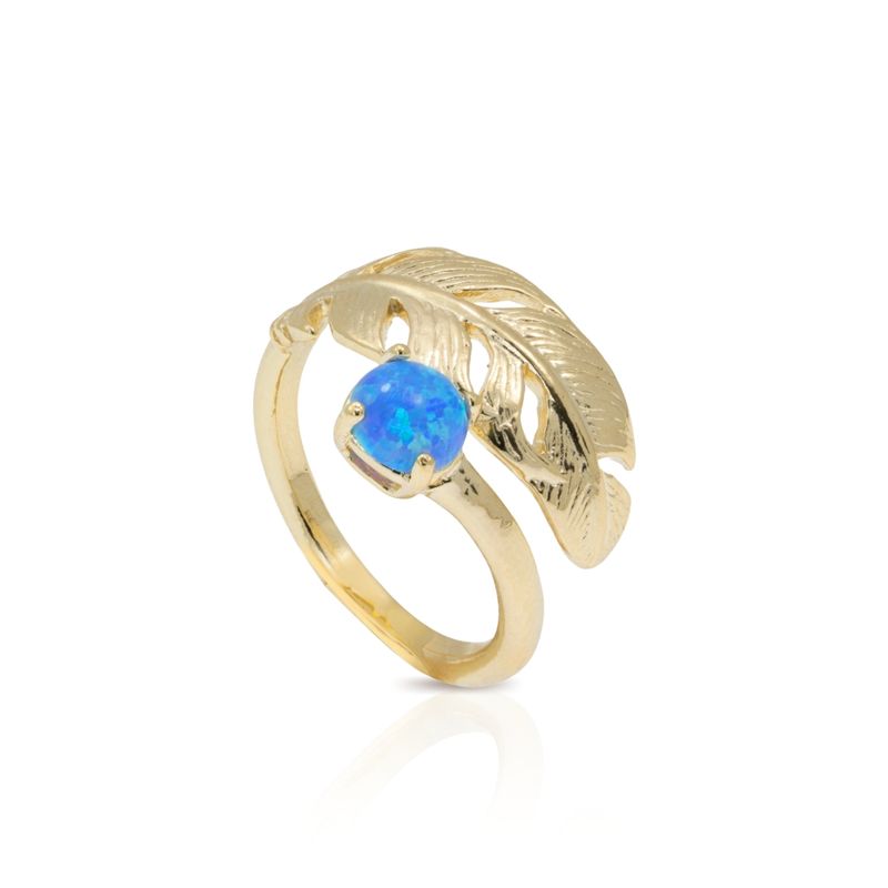 Yellow Gold Plated Feather Adjustable Ring with Blue Opal gemstone