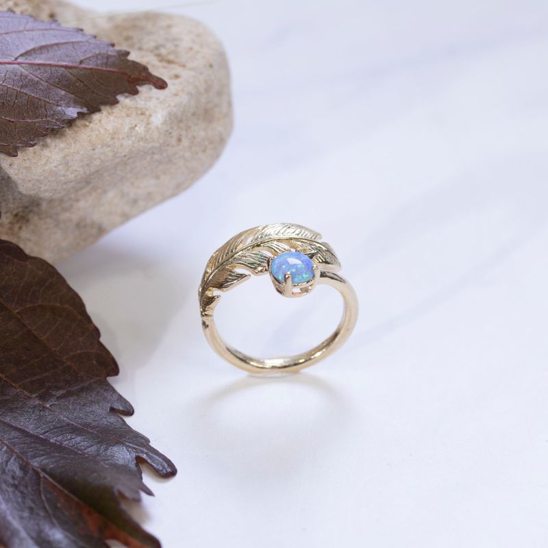 Yellow Gold Plated Feather Adjustable Ring with Blue Opal gemstone