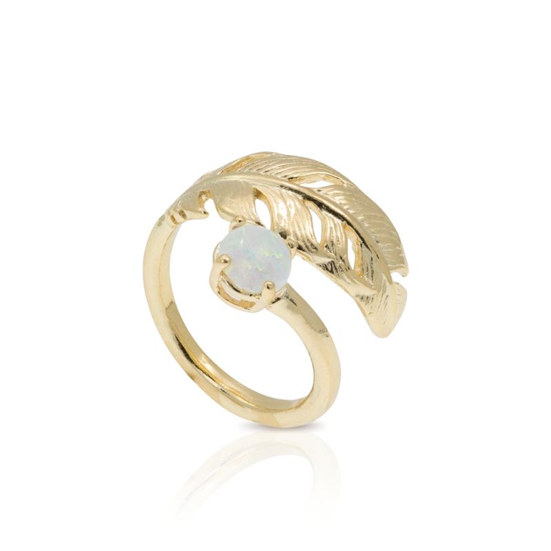 Yellow Gold Plated Feather Adjustable Ring with White Opal gemstone