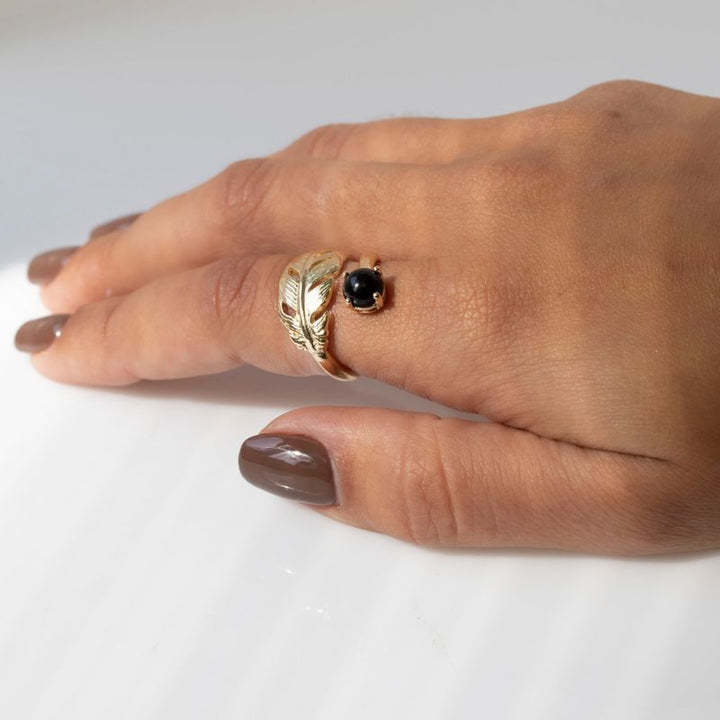 Yellow Gold Plated Feather Adjustable Ring with Onyx gemstone