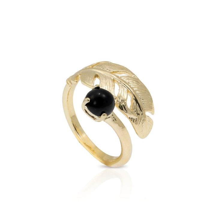 Yellow Gold Plated Feather Adjustable Ring with Onyx gemstone