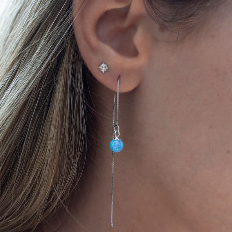 925 Sterling Silver Blue Opal ball Chain Earrings