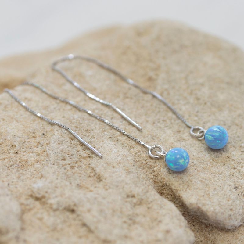 925 Sterling Silver Blue Opal ball Chain Earrings