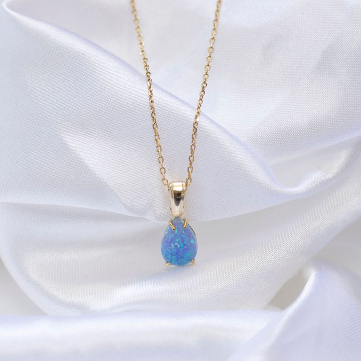 Yellow Gold Plated  Teardrop Blue Opal 7X10mm Pendant