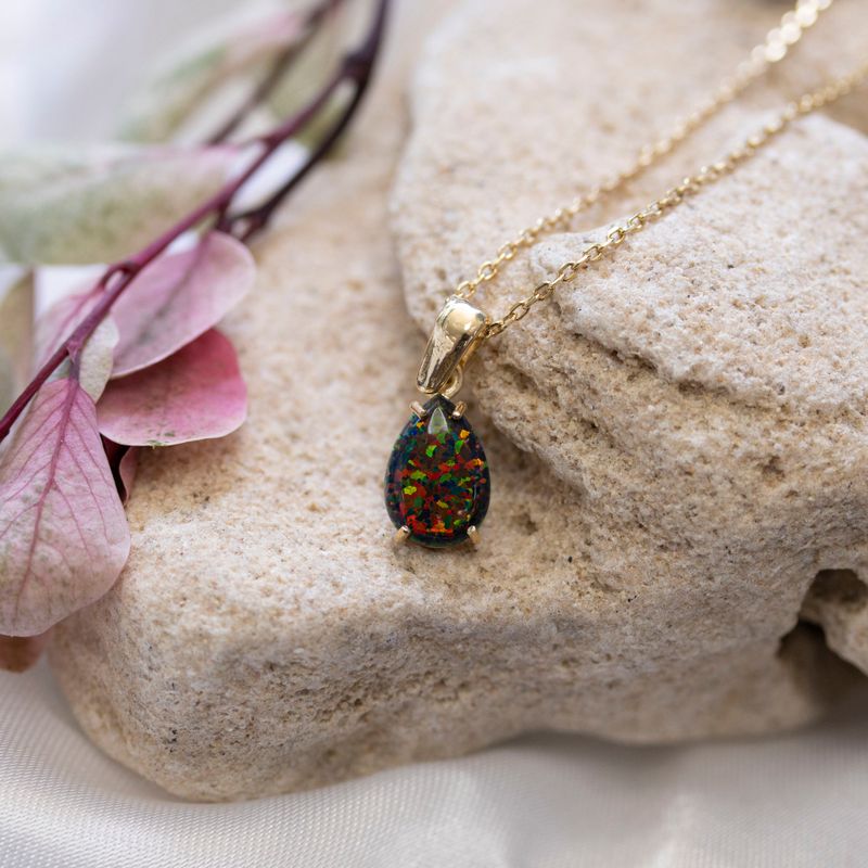 Yellow Gold Plated Teardrop Black Opal 7X10mm Pendant