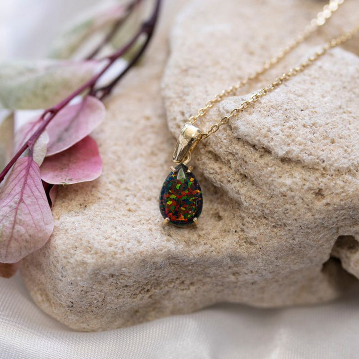 Yellow Gold Plated Teardrop Black Opal 7X10mm Pendant