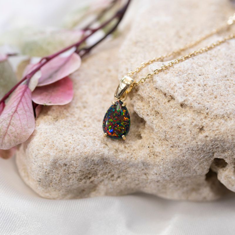Yellow Gold Plated Teardrop Black Opal 7X10mm Pendant