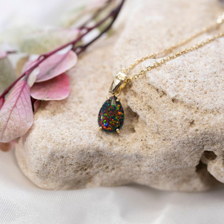 Yellow Gold Plated Teardrop Black Opal 7X10mm Pendant
