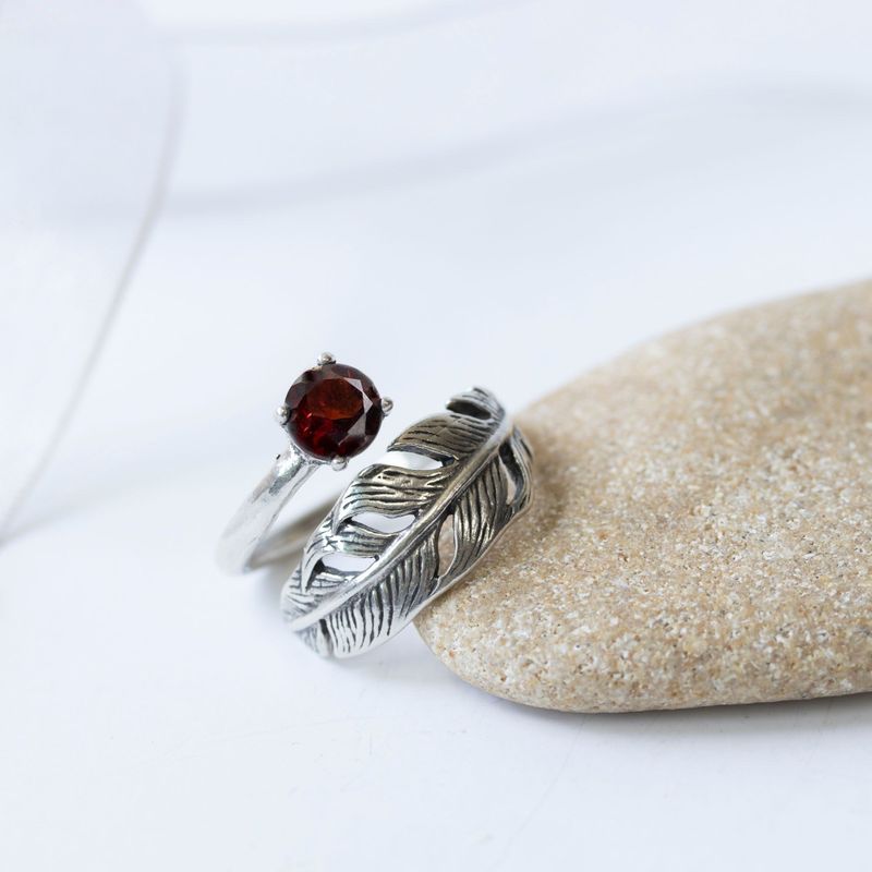 925 Sterling Silver Feather Adjustable Ring with Red Garnet gemstone