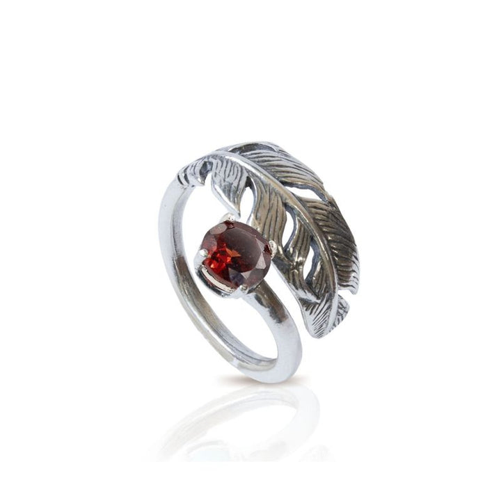 925 Sterling Silver Feather Adjustable Ring with Red Garnet gemstone