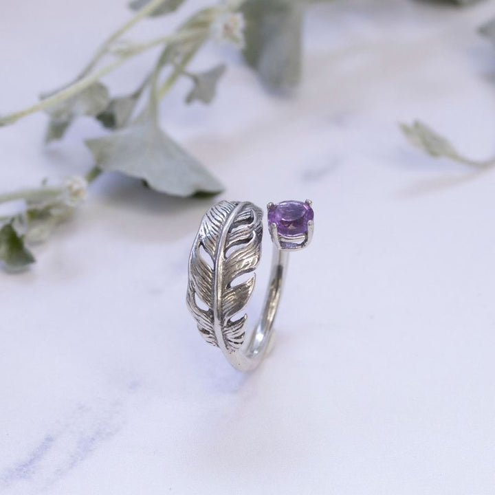 925 Sterling Silver Feather Adjustable Ring with Amethyst gemstone
