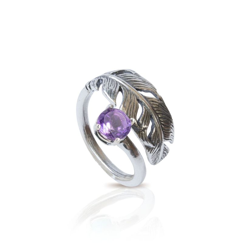 925 Sterling Silver Feather Adjustable Ring with Amethyst gemstone
