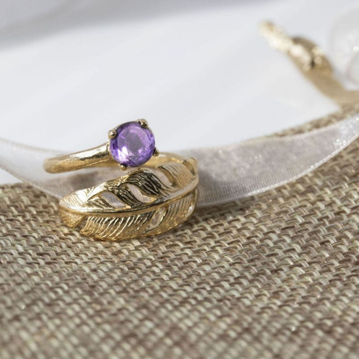 Yellow Gold Plated Feather Adjustable Ring with Amethyst gemstone