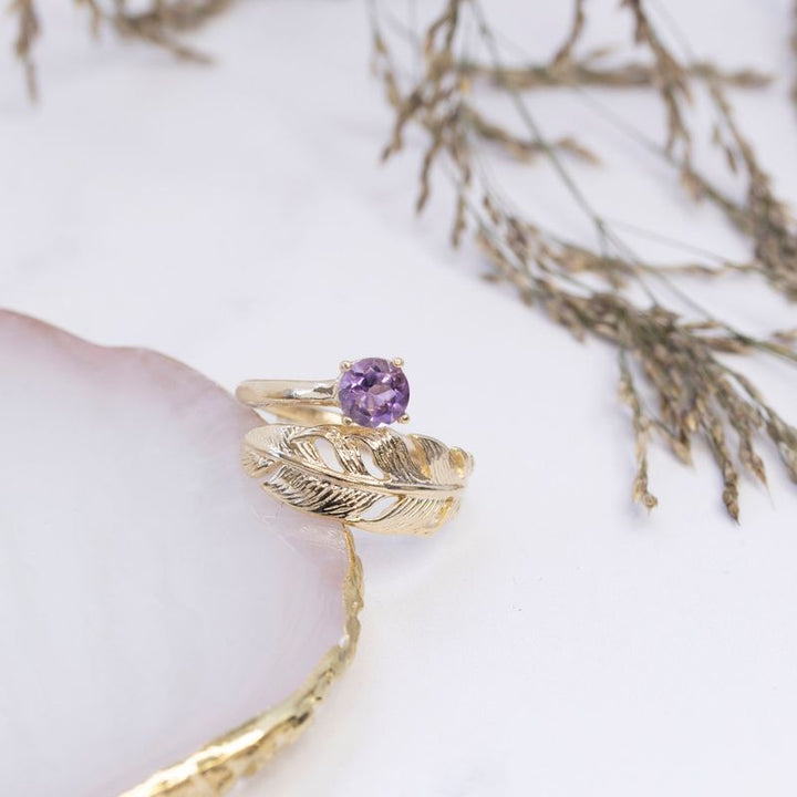 Yellow Gold Plated Feather Adjustable Ring with Amethyst gemstone