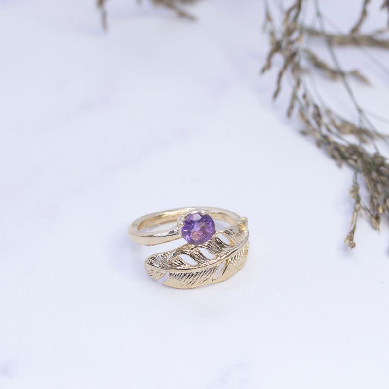 Yellow Gold Plated Feather Adjustable Ring with Amethyst gemstone