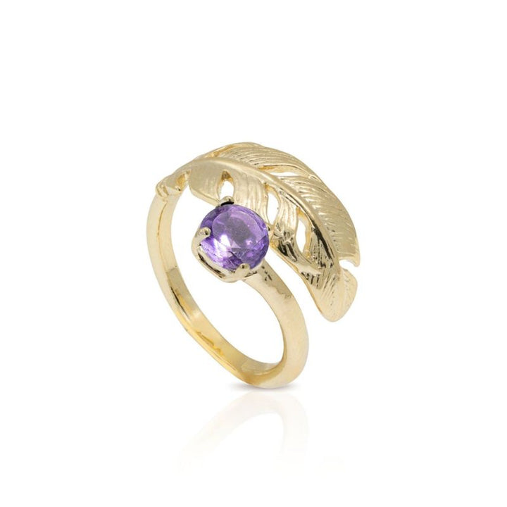 Yellow Gold Plated Feather Adjustable Ring with Amethyst gemstone